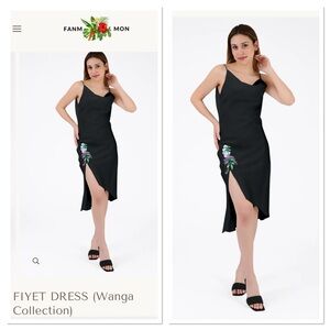 Fanm Mon Black Asymmetrical Slip Dress with Floral Embroidery